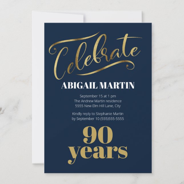 Navy Blue Gold White 90th Birthday Party Invitation (Front)