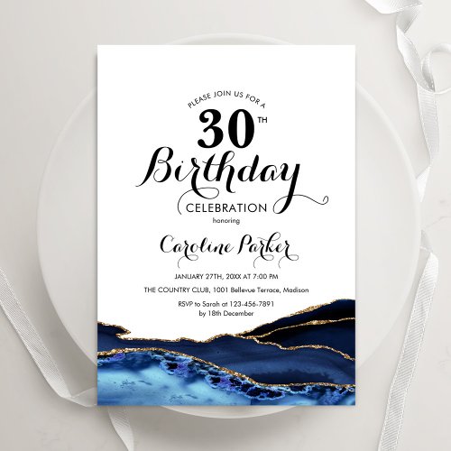 Navy Blue Gold White Agate 30th Birthday Invitation