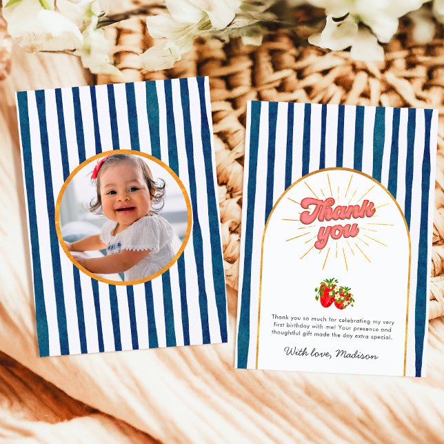 Navy Blue Gold White Birthday Photo Strawberry Thank You Card (Creator Uploaded)