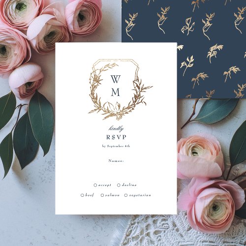 Navy Blue Gold White classic floral crest wedding RSVP Card