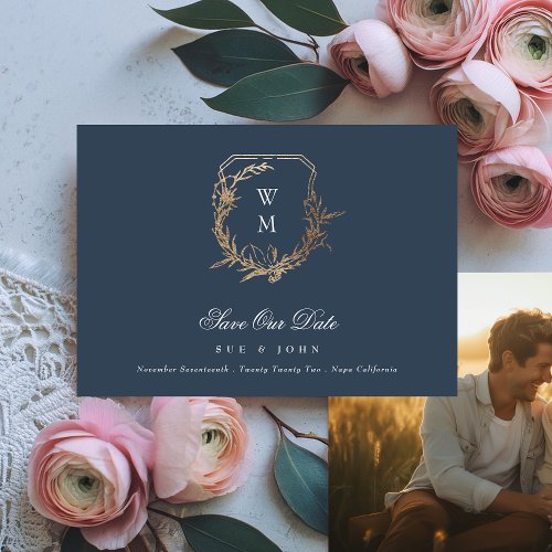 Navy Blue Gold White Classic Monogram Crest Photo Save The Date