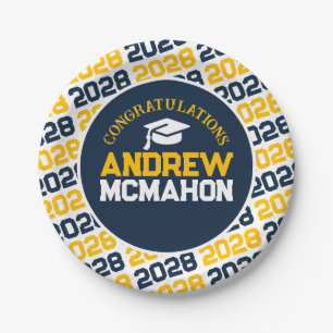 Navy Blue, Gold & White Graduation Personalized Paper Plates