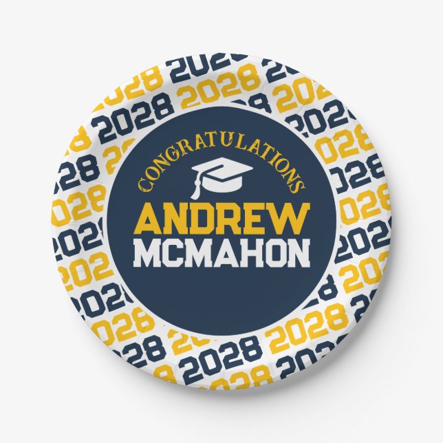 Navy Blue, Gold & White Graduation Personalized Paper Plates (Front)