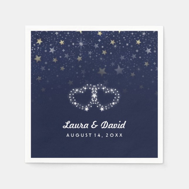Navy Blue Gold & White Hearts & Stars Wedding Paper Napkins (Front)