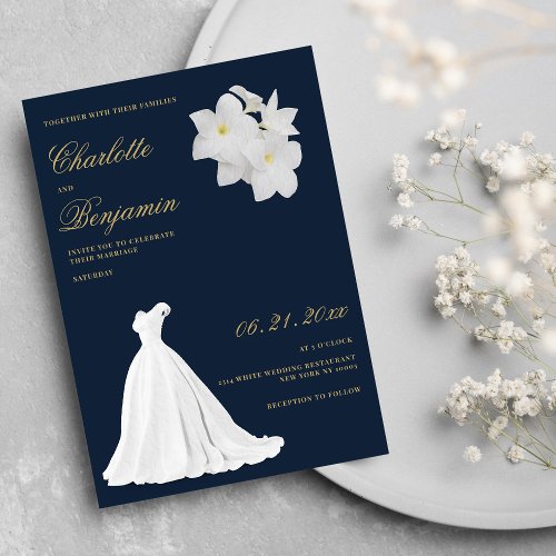 Navy blue gold white lace wedding dress wedding invitation