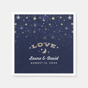 Navy Blue Gold & White LOVE Moon & Stars Wedding Napkins