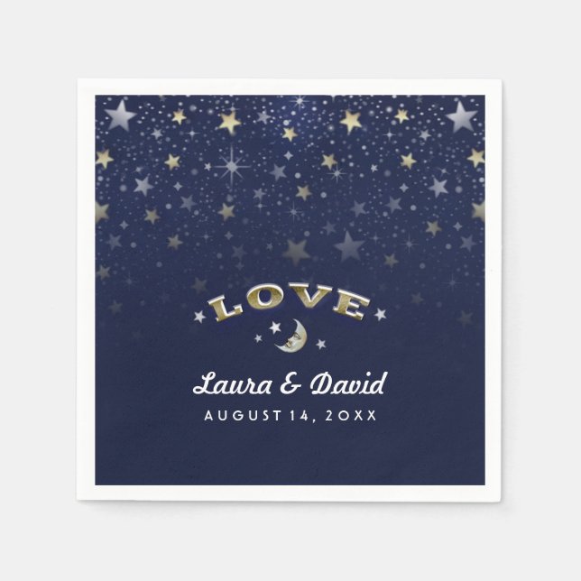 Navy Blue Gold & White LOVE Moon & Stars Wedding Napkins (Front)