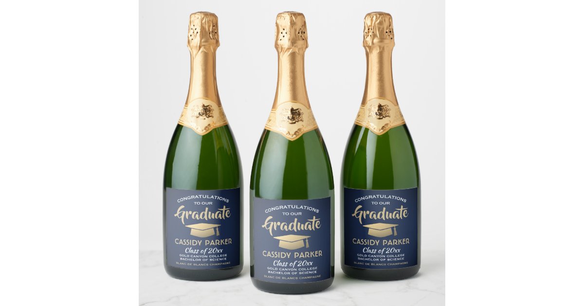 Navy Blue Gold White Modern Graduation Drink Idea Champagne