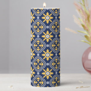 Navy blue gold white Moroccan arabesque tile  Pillar Candle