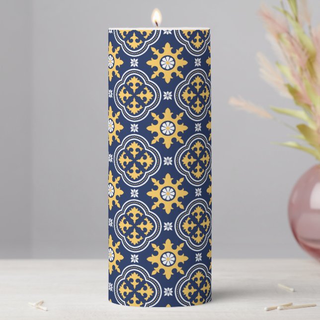 Navy blue gold white Moroccan arabesque tile  Pillar Candle (In Situ)