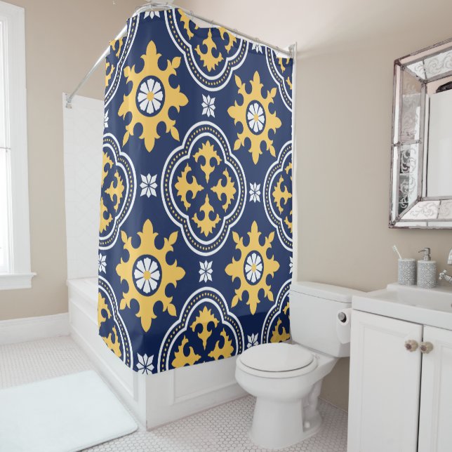 Navy blue gold white Moroccan arabesque tile  Shower Curtain (In Situ)