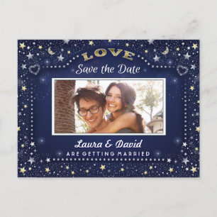 Navy Blue Gold White Stars Photo Save the Date Announcement Postcard