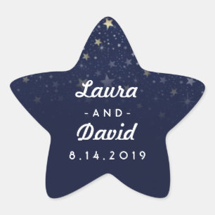 Navy Blue Gold & White Stars Wedding Names & Date Star Sticker