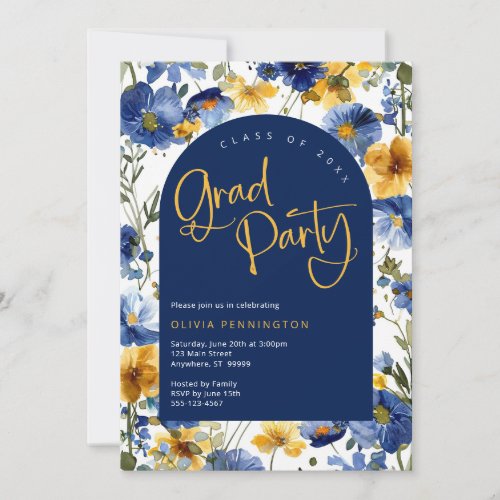 Navy Blue Gold Wildflower Grad Party Invitation