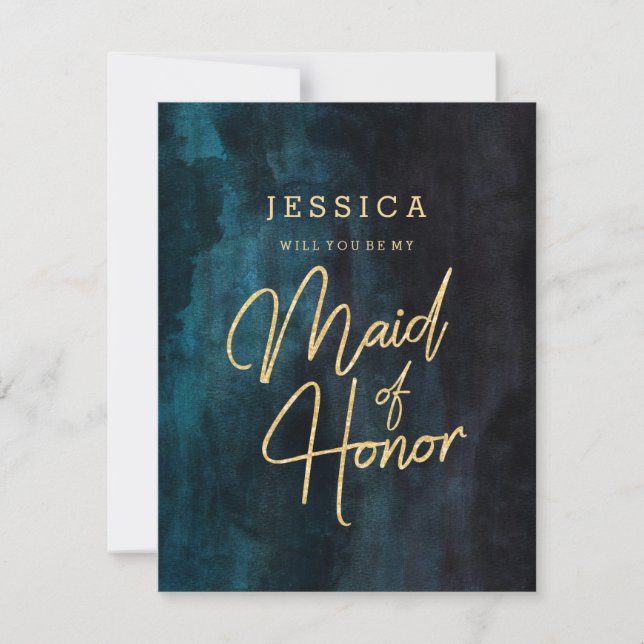 Navy Blue & Gold Will You Be My Maid of Honor Invitation (Front)