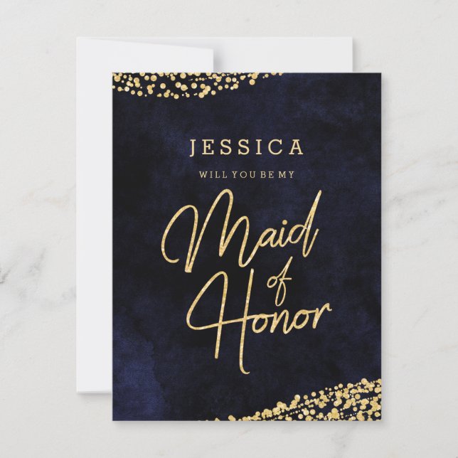 Navy Blue & Gold Will You Be My Maid of Honor Invitation (Front)