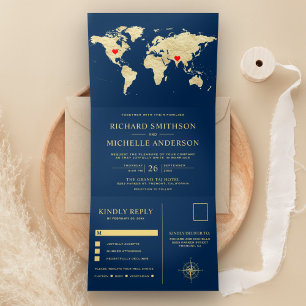 Navy Blue Gold World Map All in One Wedding Tri-Fold Invitation