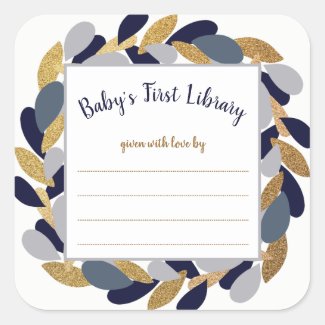 Navy Blue Gold Wreath boy baby shower book Square Sticker