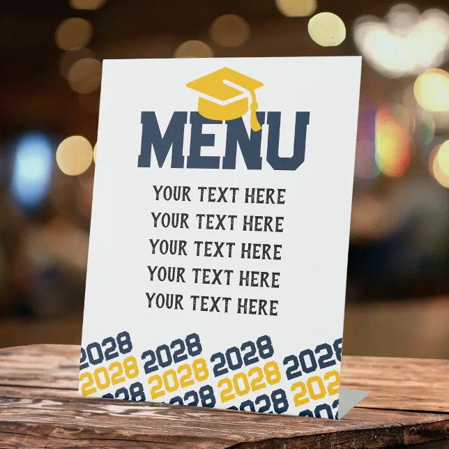 Menu Greeting Graduation Navy Blue & Gold Yellow Graduation Menu Party Pedestal Sign | Zazzle