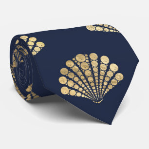 Navy Blue Gold Yellow Mermaid Sea Shells Pattern Neck Tie