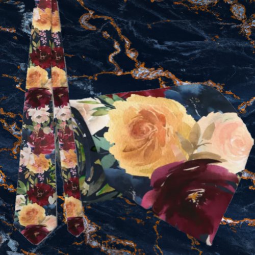 Navy Blue Gold Yellow Pink Wine Floral Neck Tie