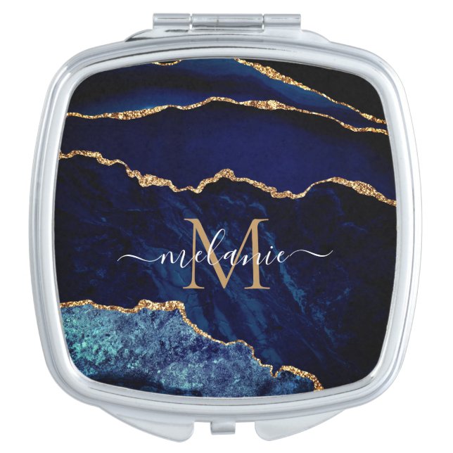 Navy Blue Gold Your Letter Name Compact Mirror (Front)