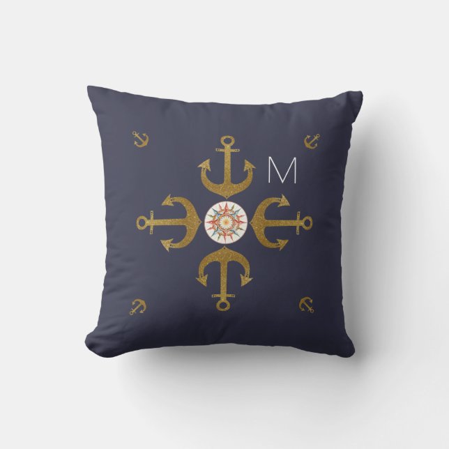navy blue golden anchors nice throw pillow (Front)