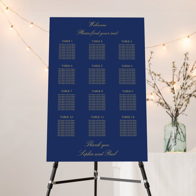 Navy Blue Golden Beige 12 Table Seating Chart Foam Board (In Situ (Stand))