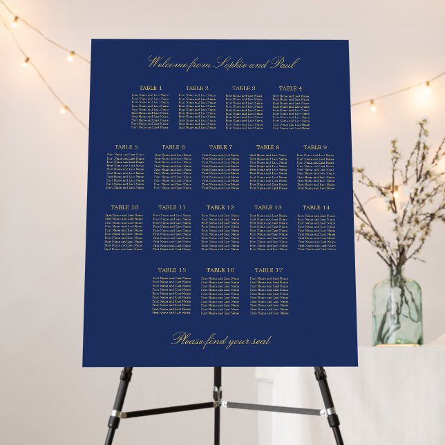 Navy Blue Golden Beige 17 Table Seating Chart Foam Board (In Situ (Stand))