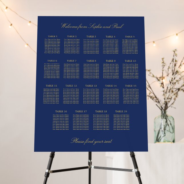 Navy Blue Golden Beige 19 Table Seating Chart Foam Board (In Situ (Stand))