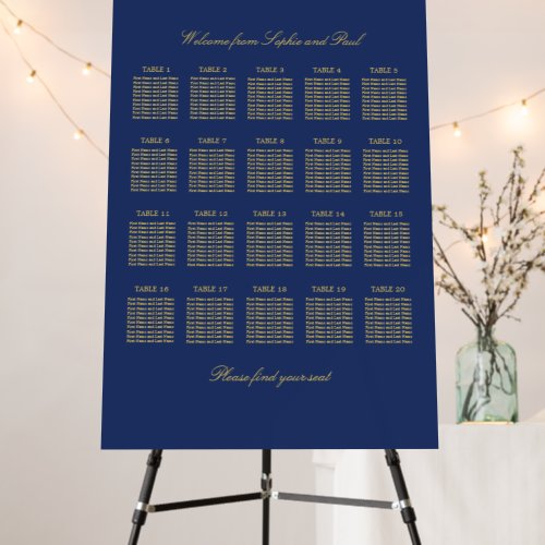 Navy Blue Golden Beige 20 Table Seating Chart Foam Board