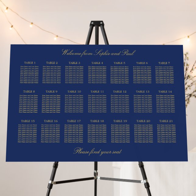 Navy Blue Golden Beige 21 Table Seating Chart Foam Board (In Situ (Stand))