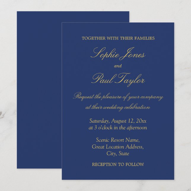 Navy Blue Golden Beige Elegant Wedding Invitation (Front/Back)
