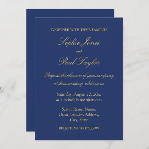 Navy Blue Golden Beige Elegant Wedding Invitation