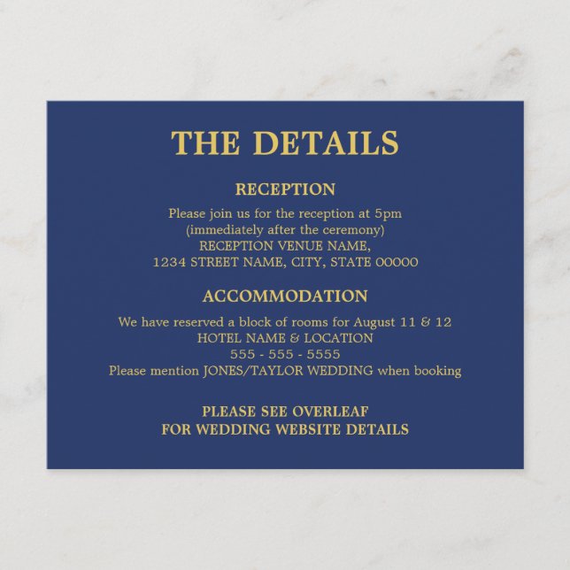 Navy Blue Golden Beige Wedding QR Code Details Enclosure Card (Front)