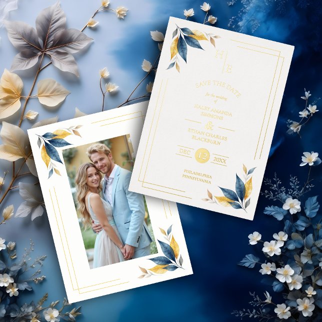 Navy Blue & Golden Botanical Leaves Corner Photo Foil Invitation (Navy Blue & Real Gold Botanical Leaves Corner Metallic Foil Save the Date Cards with Initials Photo.)