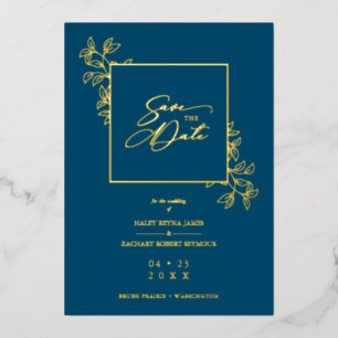 Navy Blue Golden Branches Frame Photo Foil Invitation