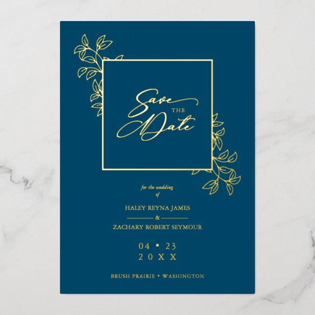 Navy Blue Golden Branches Frame Photo Foil Invitation (Front)