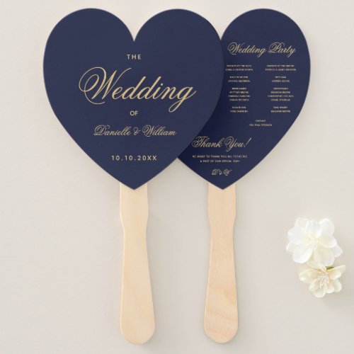 Navy Blue Golden Calligraphy Heart Wedding Program Hand Fan