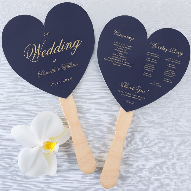 Navy Blue Golden Calligraphy Heart Wedding Program Hand Fan (Creator Uploaded)
