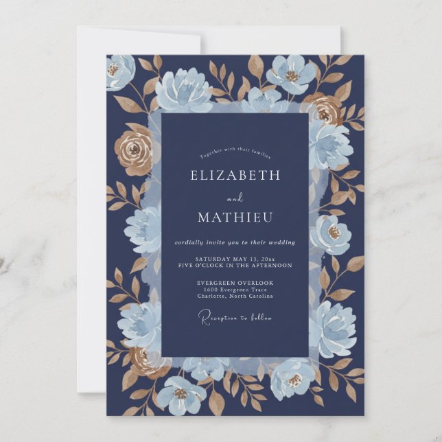 Navy Blue Golden Floral Romance Wedding Invitation (Front)
