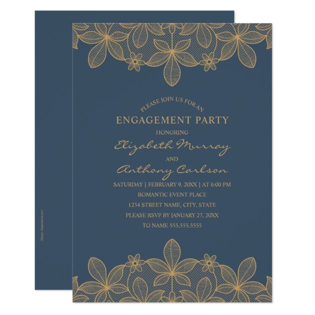 Navy Blue Golden Lace Engagement Party Elegant Invitation