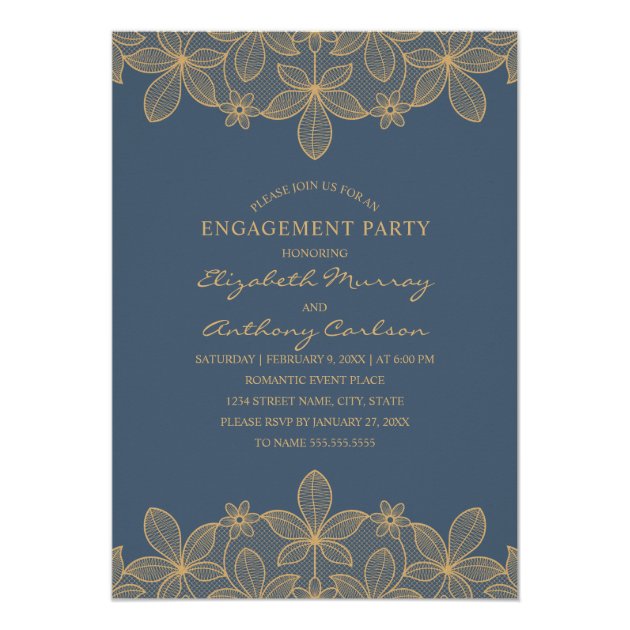 Navy Blue Golden Lace Engagement Party Elegant Invitation