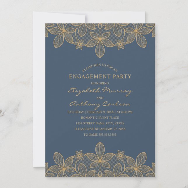 Navy Blue Golden Lace Engagement Party Elegant Invitation (Front)