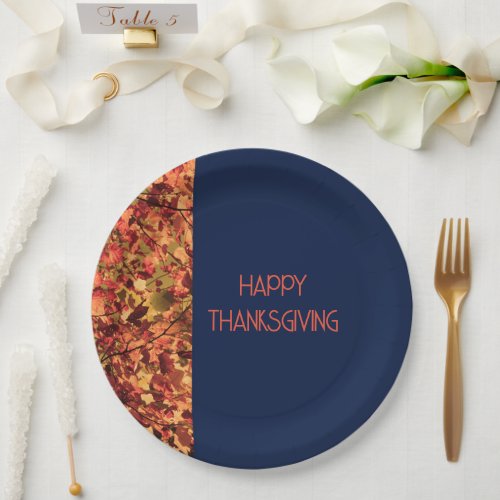 Navy Blue  Golden Leaves Happy Thanksgiving  Paper Plates