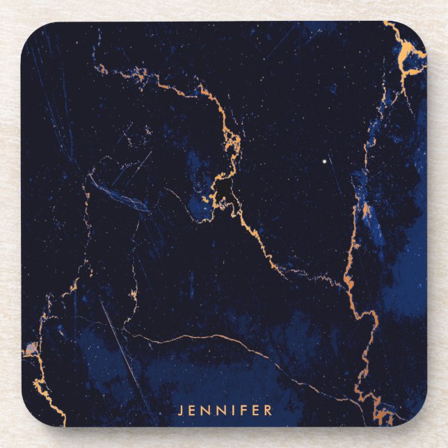 Navy Blue Golden Marble Beverage Coaster (Front)