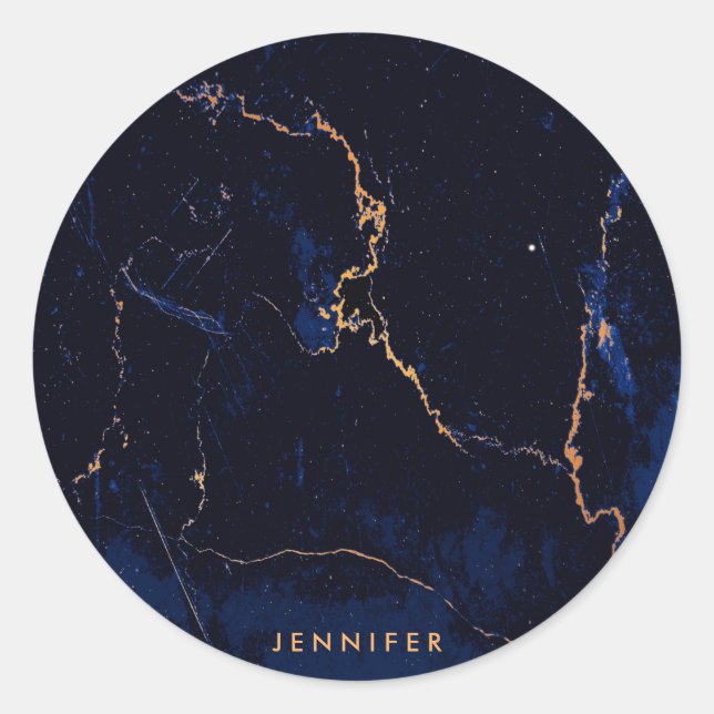Navy Blue Golden Marble Classic Round Sticker (Front)