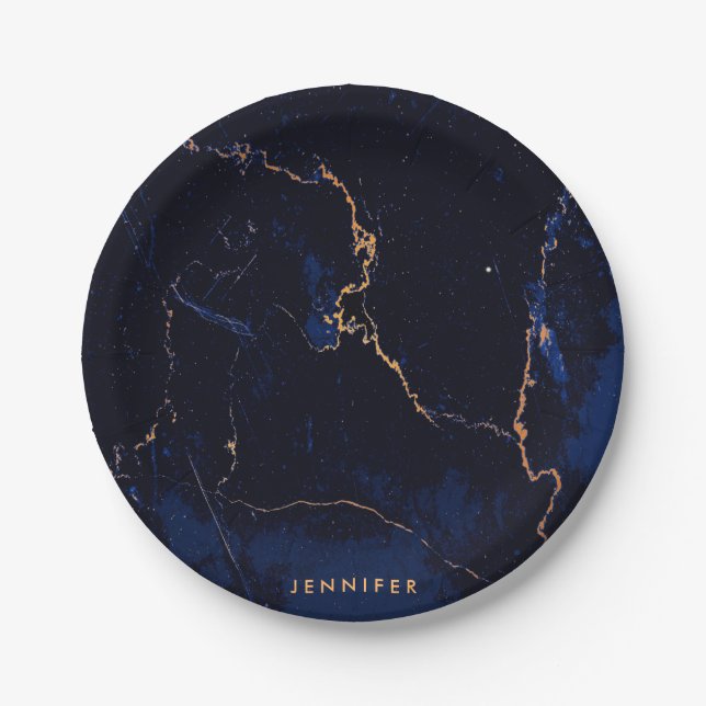 Navy Blue Golden Marble Paper Plates (Front)