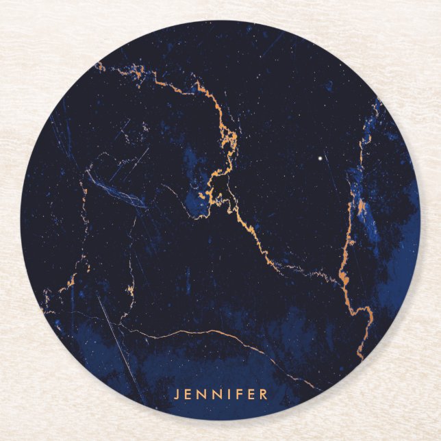 Navy Blue Golden Marble Round Paper Coaster (Front)