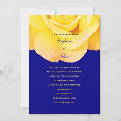 Navy Blue Golden Orange Yellow Rose Floral Wedding Invitation